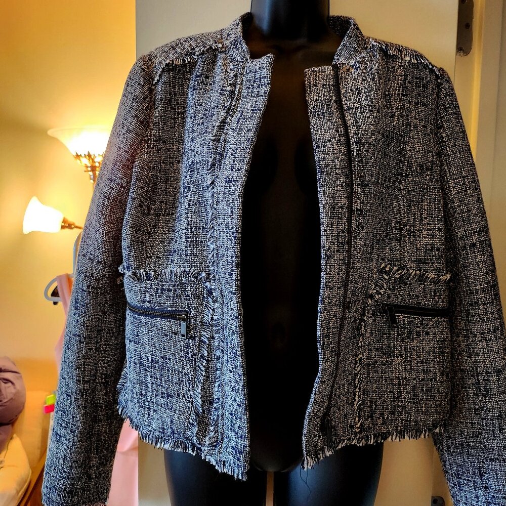 Banana Republic Navy Blue and White Tweed Zipper Suit Jacket Blazer with Pockets